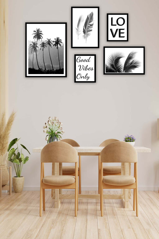 5 Parça Siyah Beyaz Yaprak Siyah Çerçeve Görünümlü Tablo Seti Bonvagon
