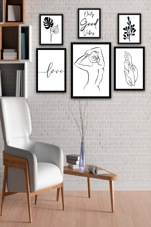 6 Parça Lineart Tarzda Sanatsal Siyah Çerçeve Görünümlü Uv Baskı Mdf Tablo Seti Bonvagon