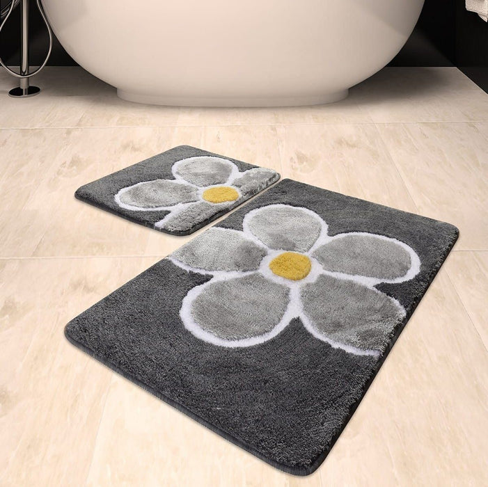 Bath Flower Gri 2li Set Akrilik Banyo Paspas ve Halısı, Kaymaz Taban, Yıkanabilir Bonvagon