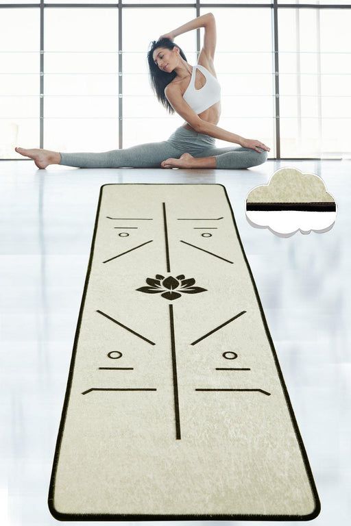 Bikram Beyaz Yoga Temalı Halı 10mm 60x200cm, Kaymaz Taban, Yıkanabilir Bonvagon