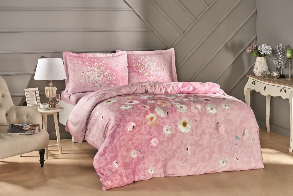 Çift Kişilik Saten Nevresim Takımı Serlina Pembe 200x220 %100 Pamuk 86 Tel Bonvagon