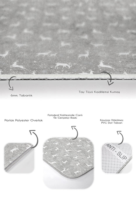 Gri Zemin Geyik Desenli Özel Tasarım 2li Halı Takımı Kaymaz Taban Yıkanabilir Bonvagon