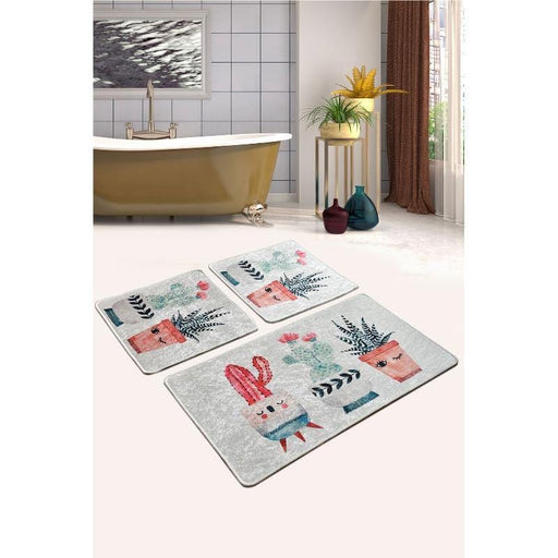 Happy Cactus 3lü Set Dijital Baskılı Banyo Halısı, Kaymaz Taban, Yıkanabilir Bonvagon