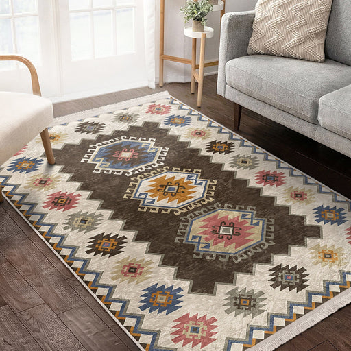 Kahverengi Etnik Motifli Kilim Desenli Avangarde Vintage Salon Oturma Yatak Odası Dijital Baskılı Makinede Yıkanabilir Saçaklı Halı Bonvagon