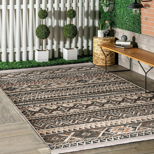 Kahverengi - Krem Geleneksel Motifli Kilim Desenli Etnik Motifler Geometrik Salon Oturma Odası Mutfak Dijital Baskılı Makinede Yıkanabilir Saçaklı Halı Bonvagon