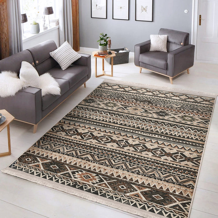 Kahverengi - Krem Geleneksel Motifli Kilim Desenli Etnik Motifler Geometrik Salon Oturma Odası Mutfak Dijital Baskılı Makinede Yıkanabilir Saçaklı Halı Bonvagon