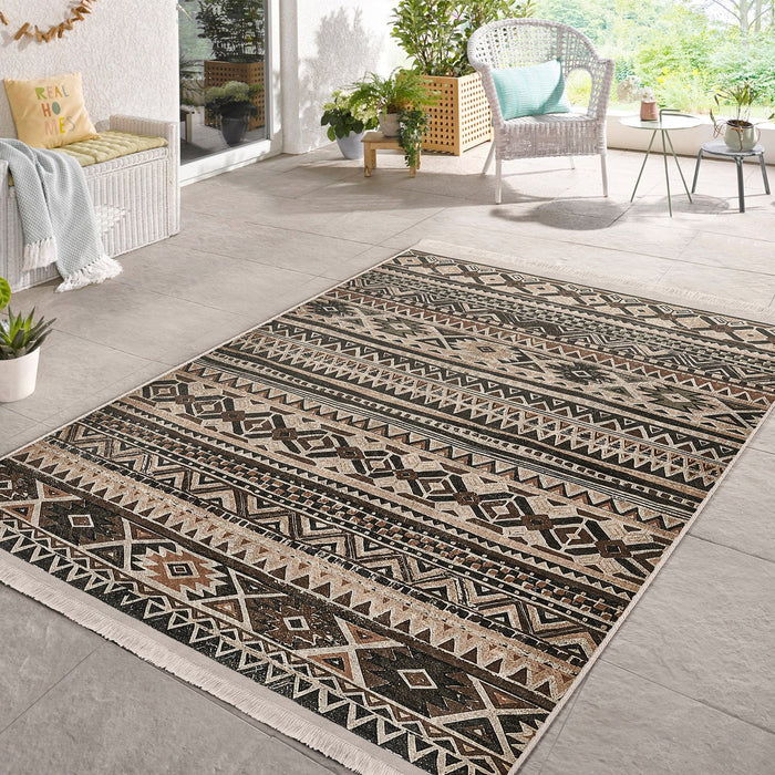 Kahverengi - Krem Geleneksel Motifli Kilim Desenli Etnik Motifler Geometrik Salon Oturma Odası Mutfak Dijital Baskılı Makinede Yıkanabilir Saçaklı Halı Bonvagon