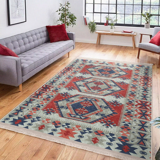 Kırmızı Kilim Motifli Geleneksel Desenli Avangarde Etnik Motifler Salon Oturma Yatak Odası Dijital Baskılı Makinede Yıkanabilir Saçaklı Halı Bonvagon