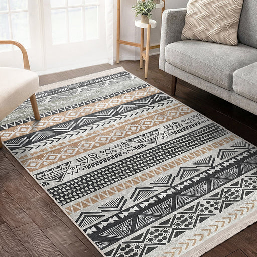 Krem - Gri İskandinav Motifli Kilim Desenli Geometrik Etnik Motifler Mutfak Salon Oturma Odası Dijital Baskılı Makinede Yıkanabilir Saçaklı Halı Bonvagon