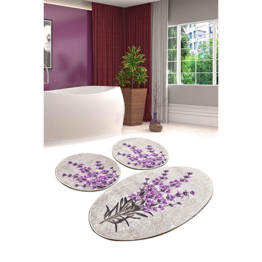 Lavender 3lü Set Dijital Baskılı Banyo Halısı, Kaymaz Taban, Yıkanabilir Bonvagon