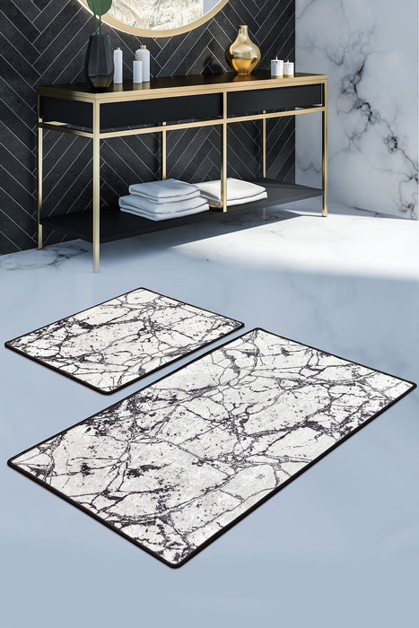 Marble Beyaz 2li Set Dijital Baskılı Banyo Halısı, Kaymaz Taban, Yıkanabilir Bonvagon