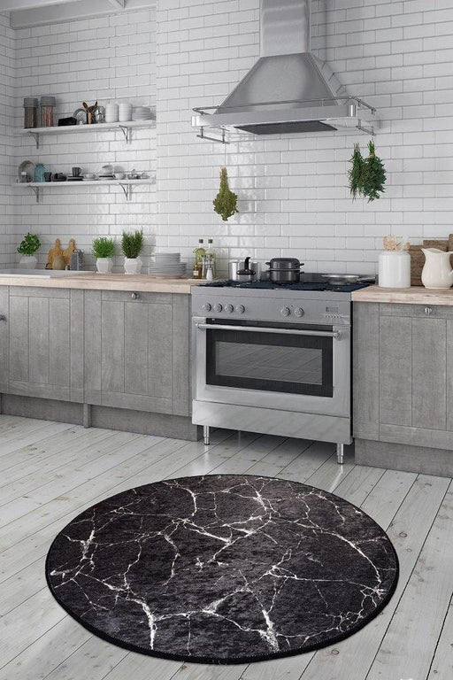 Marble Siyah Çap 200cm Dijital Baskılı Halı, Kaymaz Taban, Yıkanabilir Bonvagon