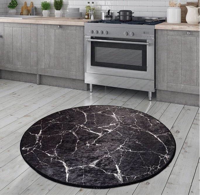 Marble Siyah Çap 200cm Dijital Baskılı Halı, Kaymaz Taban, Yıkanabilir Bonvagon