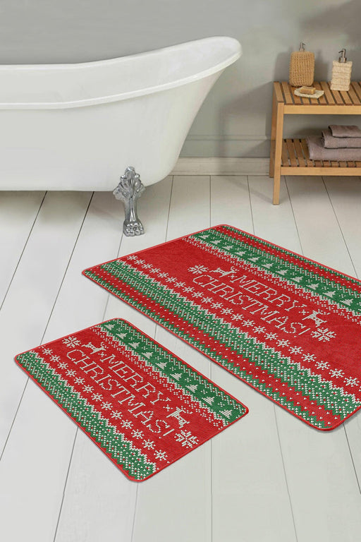 Mery Christmas Yılbaşı Temalı Özel Tasarım 2li Banyo Halısı Takımı Kaymaz Taban Yıkanabilir Bonvagon