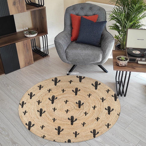 Minimal Kaktüsler Jüt Örme Halı Hasır Kilim Bonvagon