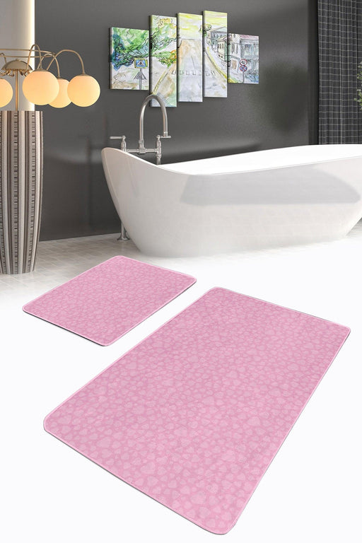 Pembe Temalı Love Tasarımlı Dijital Baskılı 2li Banyo Halısı Takımı Kaymaz Taban Yıkanabilir Bonvagon