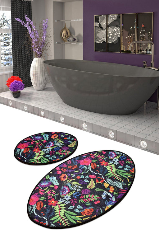 Pictura Siyah Oval 2li Set Dijital Baskılı Banyo Halısı, Kaymaz Taban, Yıkanabilir Bonvagon