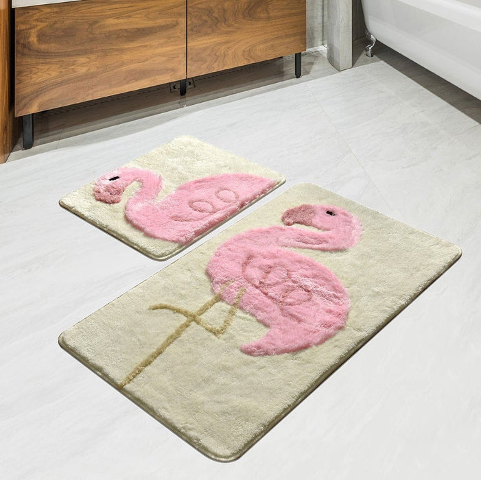 Pink Flamingo 2li Set Akrilik Banyo Paspas ve Halısı Kaymaz Taban Yıkanabilir Bonvagon