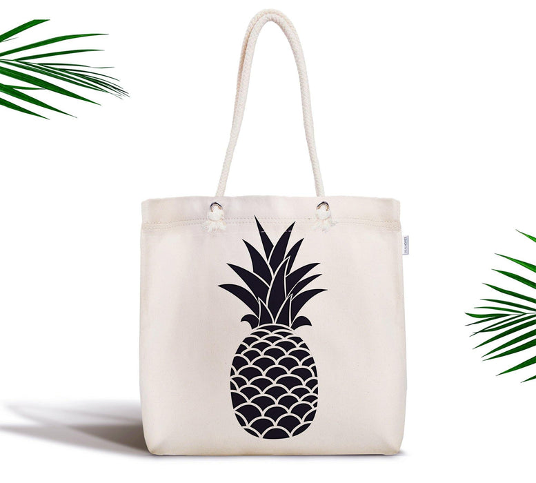 Siyah Beyaz Ananas Baskılı Fermuarlı Modern Kumaş Çanta Bonvagon