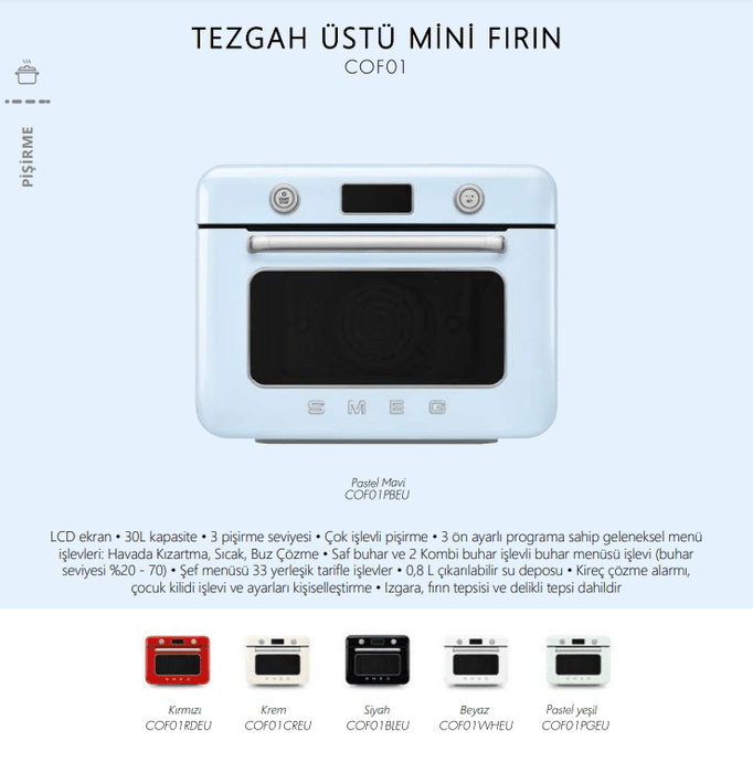 Smeg Siyah Tezgah Üstü Buharlı Mini Fırın COF01BLEU Bonvagon