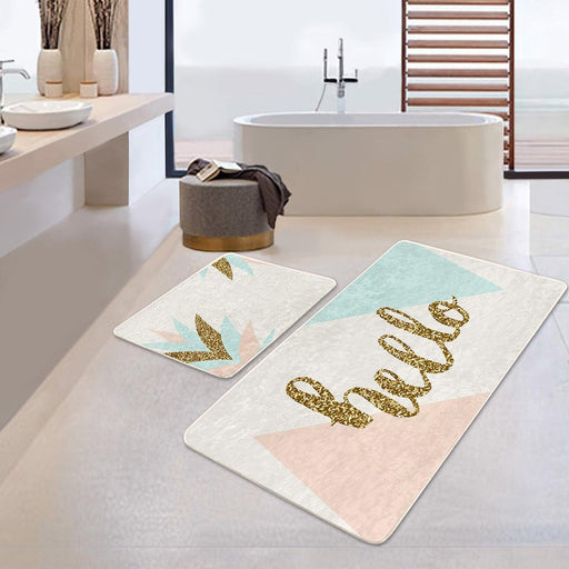 Soft Renkli Gold Detaylı Hello Temalı 2li Banyo Halısı Takımı Kaymaz Taban Yıkanabilir Bonvagon